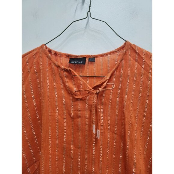 Avenue Womens Peasant BOHO Top Size 26/28 Orange Metallic Striped 3/4 Sleeve - Picture 2 of 10